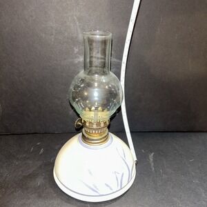 Vintage Miniature Pottery Oil Lamp With Chimney Hand Made With Purple Iris Flowe